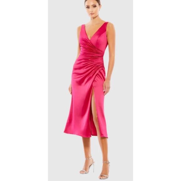 MAC DUGGAL 26625 SATIN RUCHED V-NECK FAUX WRAP LIPSTICK MIDI DRESS Sz 4 - Picture 1 of 10